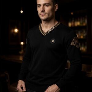 Versace Black V-Neck Sweater with Gold Accents